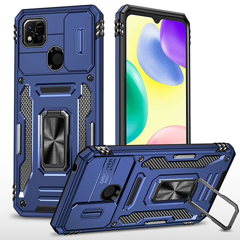 Silikon Hülle Handyhülle und Kunststoff Schutzhülle Hartschalen Tasche mit Magnetisch Fingerring Ständer MQ4 für Xiaomi Redmi 9C NFC Blau