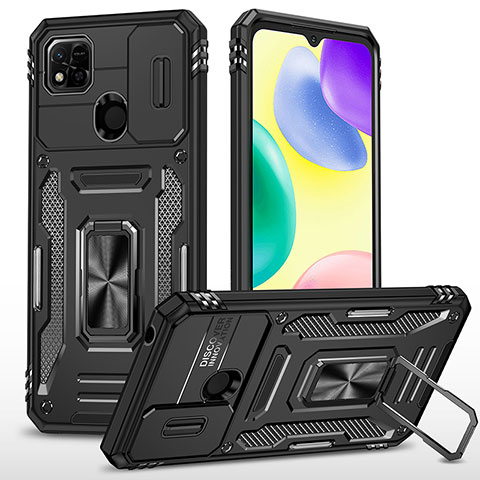 Silikon Hülle Handyhülle und Kunststoff Schutzhülle Hartschalen Tasche mit Magnetisch Fingerring Ständer MQ4 für Xiaomi Redmi 9C Schwarz