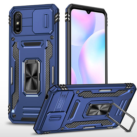 Silikon Hülle Handyhülle und Kunststoff Schutzhülle Hartschalen Tasche mit Magnetisch Fingerring Ständer MQ4 für Xiaomi Redmi 9i Blau