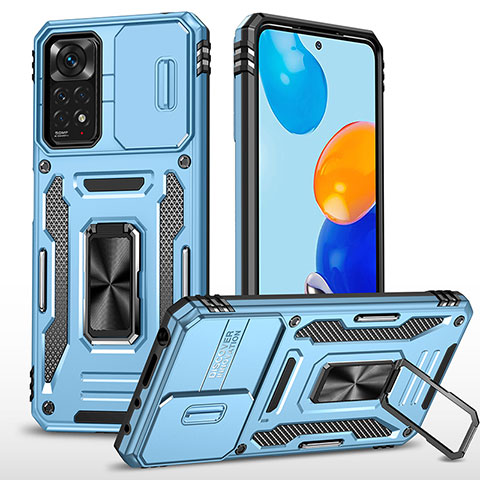 Silikon Hülle Handyhülle und Kunststoff Schutzhülle Hartschalen Tasche mit Magnetisch Fingerring Ständer MQ4 für Xiaomi Redmi Note 11 Pro 4G Hellblau