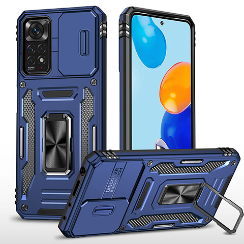 Silikon Hülle Handyhülle und Kunststoff Schutzhülle Hartschalen Tasche mit Magnetisch Fingerring Ständer MQ4 für Xiaomi Redmi Note 11 Pro 5G Blau