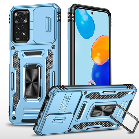 Silikon Hülle Handyhülle und Kunststoff Schutzhülle Hartschalen Tasche mit Magnetisch Fingerring Ständer MQ4 für Xiaomi Redmi Note 11 Pro 5G Hellblau