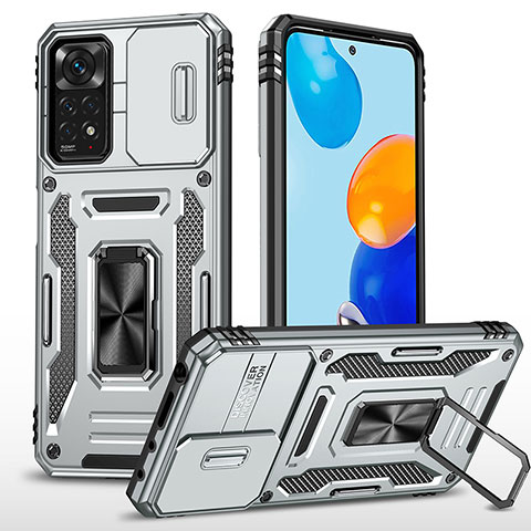 Silikon Hülle Handyhülle und Kunststoff Schutzhülle Hartschalen Tasche mit Magnetisch Fingerring Ständer MQ4 für Xiaomi Redmi Note 11 Pro 5G Silber