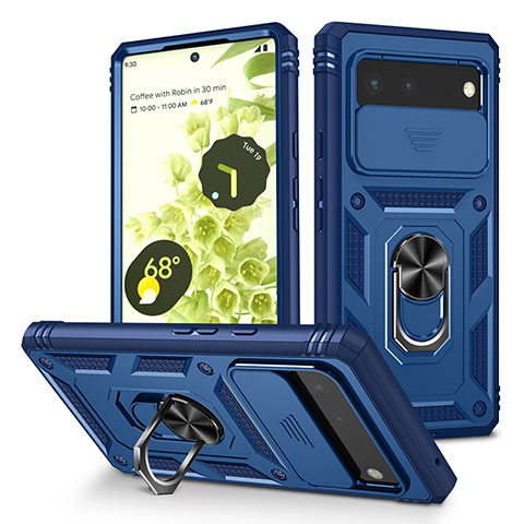 Silikon Hülle Handyhülle und Kunststoff Schutzhülle Hartschalen Tasche mit Magnetisch Fingerring Ständer MQ5 für Google Pixel 6 5G Blau