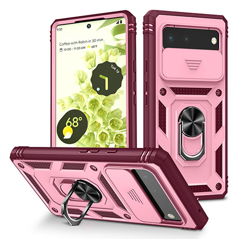 Silikon Hülle Handyhülle und Kunststoff Schutzhülle Hartschalen Tasche mit Magnetisch Fingerring Ständer MQ5 für Google Pixel 6 5G Pink