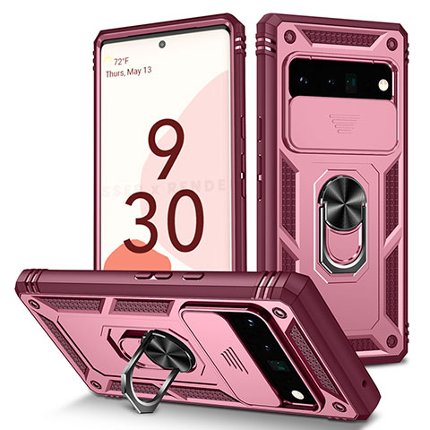 Silikon Hülle Handyhülle und Kunststoff Schutzhülle Hartschalen Tasche mit Magnetisch Fingerring Ständer MQ5 für Google Pixel 6 Pro 5G Pink