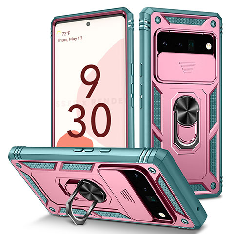 Silikon Hülle Handyhülle und Kunststoff Schutzhülle Hartschalen Tasche mit Magnetisch Fingerring Ständer MQ5 für Google Pixel 6 Pro 5G Rosa