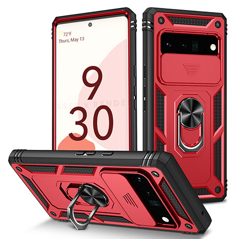 Silikon Hülle Handyhülle und Kunststoff Schutzhülle Hartschalen Tasche mit Magnetisch Fingerring Ständer MQ5 für Google Pixel 6 Pro 5G Rot