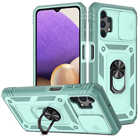 Silikon Hülle Handyhülle und Kunststoff Schutzhülle Hartschalen Tasche mit Magnetisch Fingerring Ständer MQ5 für Samsung Galaxy A32 4G Hellblau