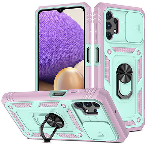 Silikon Hülle Handyhülle und Kunststoff Schutzhülle Hartschalen Tasche mit Magnetisch Fingerring Ständer MQ5 für Samsung Galaxy A32 4G Minzgrün