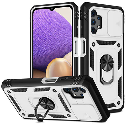 Silikon Hülle Handyhülle und Kunststoff Schutzhülle Hartschalen Tasche mit Magnetisch Fingerring Ständer MQ5 für Samsung Galaxy A32 4G Silber