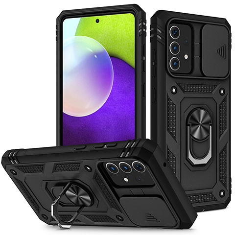 Silikon Hülle Handyhülle und Kunststoff Schutzhülle Hartschalen Tasche mit Magnetisch Fingerring Ständer MQ5 für Samsung Galaxy A52 4G Schwarz