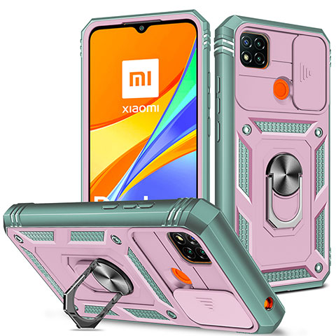 Silikon Hülle Handyhülle und Kunststoff Schutzhülle Hartschalen Tasche mit Magnetisch Fingerring Ständer MQ5 für Xiaomi POCO C3 Pink