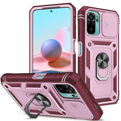 Silikon Hülle Handyhülle und Kunststoff Schutzhülle Hartschalen Tasche mit Magnetisch Fingerring Ständer MQ5 für Xiaomi Poco M5S Pink