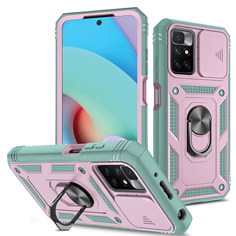 Silikon Hülle Handyhülle und Kunststoff Schutzhülle Hartschalen Tasche mit Magnetisch Fingerring Ständer MQ5 für Xiaomi Redmi 10 (2022) Rosa