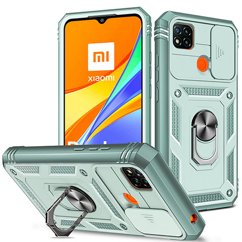 Silikon Hülle Handyhülle und Kunststoff Schutzhülle Hartschalen Tasche mit Magnetisch Fingerring Ständer MQ5 für Xiaomi Redmi 9 India Hellblau