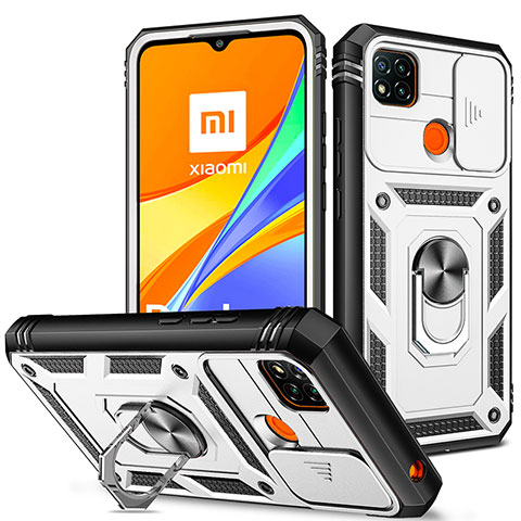 Silikon Hülle Handyhülle und Kunststoff Schutzhülle Hartschalen Tasche mit Magnetisch Fingerring Ständer MQ5 für Xiaomi Redmi 9 India Weiß