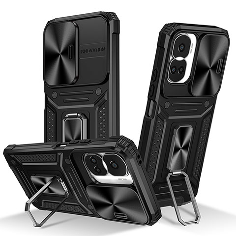 Silikon Hülle Handyhülle und Kunststoff Schutzhülle Hartschalen Tasche mit Magnetisch Fingerring Ständer MQ6 für Huawei Honor 90 Lite 5G Schwarz