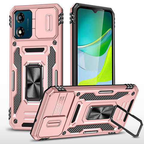 Silikon Hülle Handyhülle und Kunststoff Schutzhülle Hartschalen Tasche mit Magnetisch Fingerring Ständer MQ6 für Motorola Moto E13 Rosegold