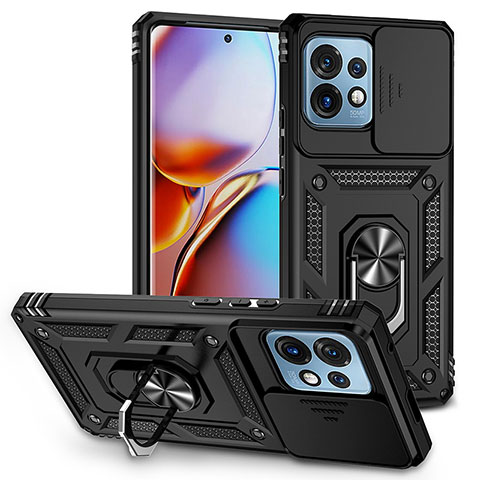 Silikon Hülle Handyhülle und Kunststoff Schutzhülle Hartschalen Tasche mit Magnetisch Fingerring Ständer MQ6 für Motorola Moto Edge 40 Pro 5G Schwarz