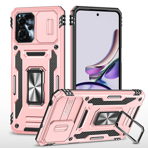 Silikon Hülle Handyhülle und Kunststoff Schutzhülle Hartschalen Tasche mit Magnetisch Fingerring Ständer MQ6 für Motorola Moto G13 Rosegold