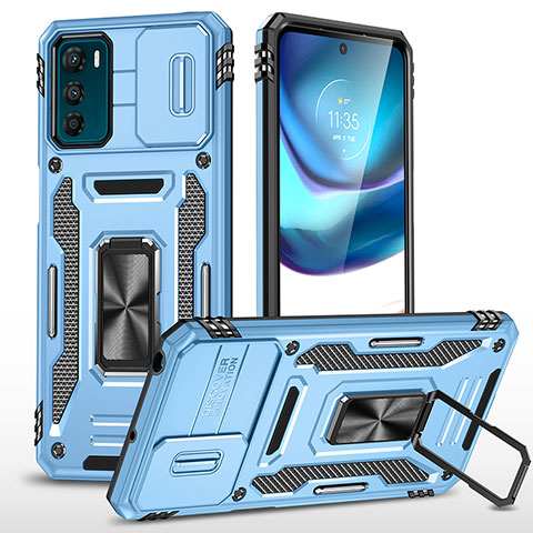 Silikon Hülle Handyhülle und Kunststoff Schutzhülle Hartschalen Tasche mit Magnetisch Fingerring Ständer MQ6 für Motorola Moto G42 Blau