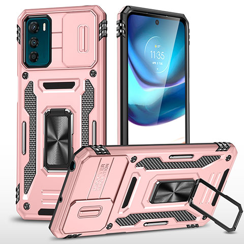 Silikon Hülle Handyhülle und Kunststoff Schutzhülle Hartschalen Tasche mit Magnetisch Fingerring Ständer MQ6 für Motorola Moto G42 Rosegold