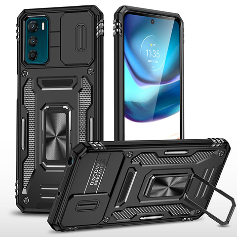 Silikon Hülle Handyhülle und Kunststoff Schutzhülle Hartschalen Tasche mit Magnetisch Fingerring Ständer MQ6 für Motorola Moto G42 Schwarz