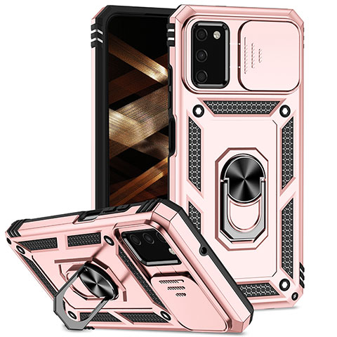 Silikon Hülle Handyhülle und Kunststoff Schutzhülle Hartschalen Tasche mit Magnetisch Fingerring Ständer MQ6 für Samsung Galaxy A02s Rosegold