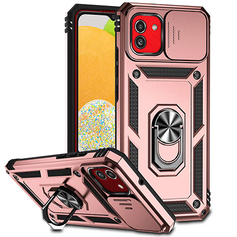 Silikon Hülle Handyhülle und Kunststoff Schutzhülle Hartschalen Tasche mit Magnetisch Fingerring Ständer MQ6 für Samsung Galaxy A03 Rosegold