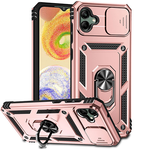 Silikon Hülle Handyhülle und Kunststoff Schutzhülle Hartschalen Tasche mit Magnetisch Fingerring Ständer MQ6 für Samsung Galaxy A04 4G Rosegold