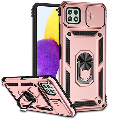 Silikon Hülle Handyhülle und Kunststoff Schutzhülle Hartschalen Tasche mit Magnetisch Fingerring Ständer MQ6 für Samsung Galaxy A22s 5G Rosegold