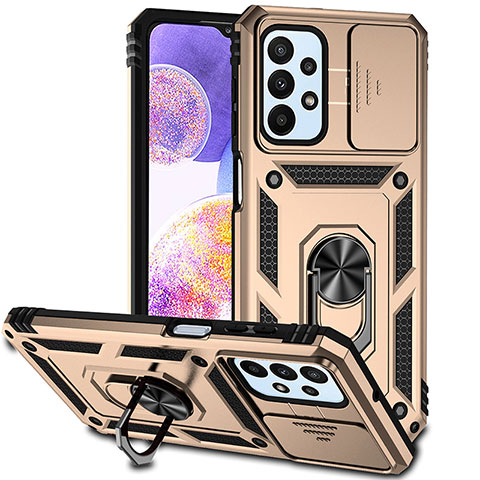 Silikon Hülle Handyhülle und Kunststoff Schutzhülle Hartschalen Tasche mit Magnetisch Fingerring Ständer MQ6 für Samsung Galaxy A23 4G Gold