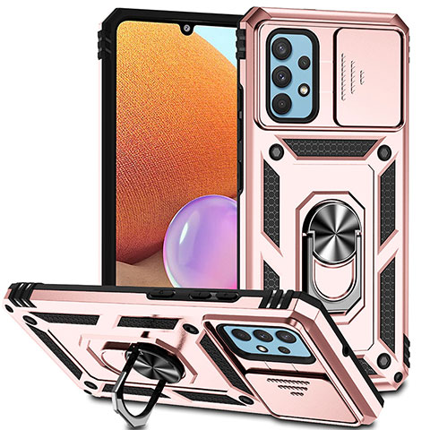 Silikon Hülle Handyhülle und Kunststoff Schutzhülle Hartschalen Tasche mit Magnetisch Fingerring Ständer MQ6 für Samsung Galaxy A32 4G Rosegold