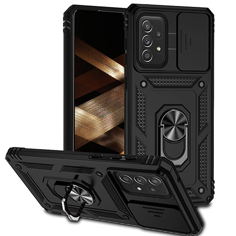 Silikon Hülle Handyhülle und Kunststoff Schutzhülle Hartschalen Tasche mit Magnetisch Fingerring Ständer MQ6 für Samsung Galaxy A73 5G Schwarz