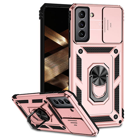 Silikon Hülle Handyhülle und Kunststoff Schutzhülle Hartschalen Tasche mit Magnetisch Fingerring Ständer MQ6 für Samsung Galaxy S21 FE 5G Rosegold