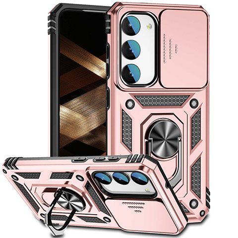 Silikon Hülle Handyhülle und Kunststoff Schutzhülle Hartschalen Tasche mit Magnetisch Fingerring Ständer MQ6 für Samsung Galaxy S22 5G Rosegold