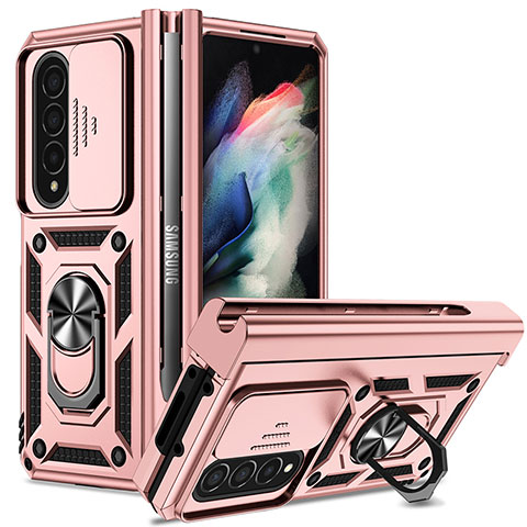 Silikon Hülle Handyhülle und Kunststoff Schutzhülle Hartschalen Tasche mit Magnetisch Fingerring Ständer MQ6 für Samsung Galaxy Z Fold4 5G Rosegold