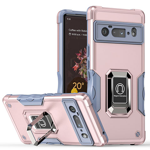 Silikon Hülle Handyhülle und Kunststoff Schutzhülle Hartschalen Tasche mit Magnetisch Fingerring Ständer QW1 für Google Pixel 6 Pro 5G Rosegold