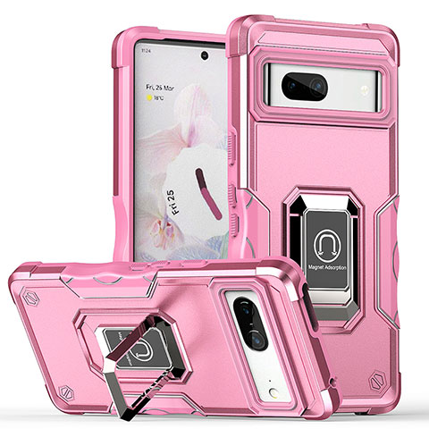 Silikon Hülle Handyhülle und Kunststoff Schutzhülle Hartschalen Tasche mit Magnetisch Fingerring Ständer QW1 für Google Pixel 7 5G Rosa