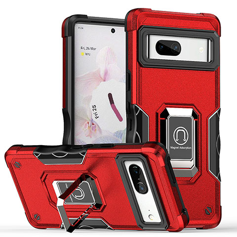 Silikon Hülle Handyhülle und Kunststoff Schutzhülle Hartschalen Tasche mit Magnetisch Fingerring Ständer QW1 für Google Pixel 7 5G Rot