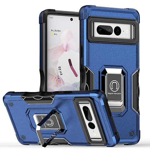 Silikon Hülle Handyhülle und Kunststoff Schutzhülle Hartschalen Tasche mit Magnetisch Fingerring Ständer QW1 für Google Pixel 7 Pro 5G Blau