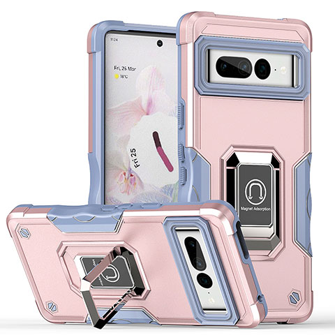 Silikon Hülle Handyhülle und Kunststoff Schutzhülle Hartschalen Tasche mit Magnetisch Fingerring Ständer QW1 für Google Pixel 7 Pro 5G Rosegold