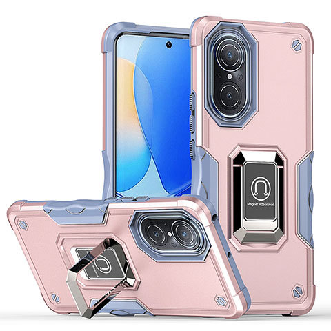 Silikon Hülle Handyhülle und Kunststoff Schutzhülle Hartschalen Tasche mit Magnetisch Fingerring Ständer QW1 für Huawei Honor 50 5G Rosegold