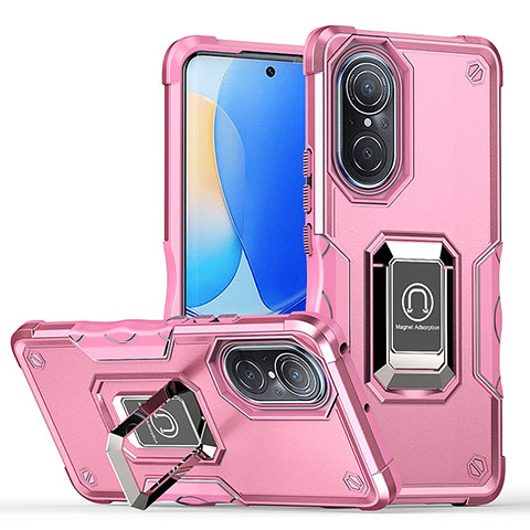 Silikon Hülle Handyhülle und Kunststoff Schutzhülle Hartschalen Tasche mit Magnetisch Fingerring Ständer QW1 für Huawei Nova 9 Rosa