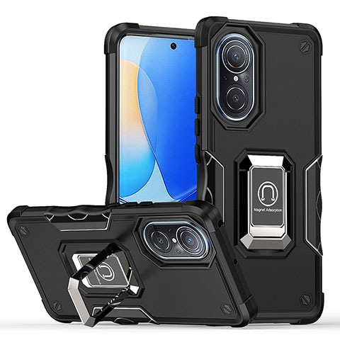 Silikon Hülle Handyhülle und Kunststoff Schutzhülle Hartschalen Tasche mit Magnetisch Fingerring Ständer QW1 für Huawei Nova 9 Schwarz