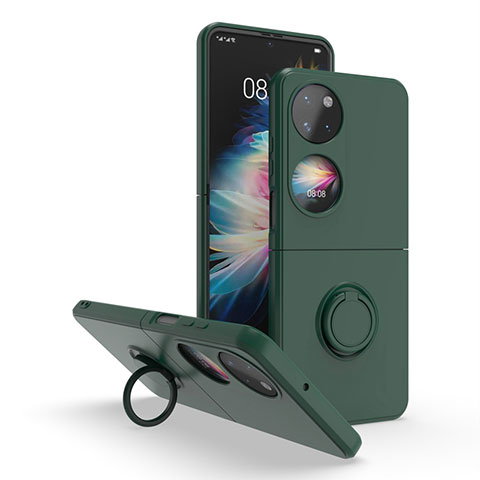 Silikon Hülle Handyhülle und Kunststoff Schutzhülle Hartschalen Tasche mit Magnetisch Fingerring Ständer QW1 für Huawei P50 Pocket Nachtgrün