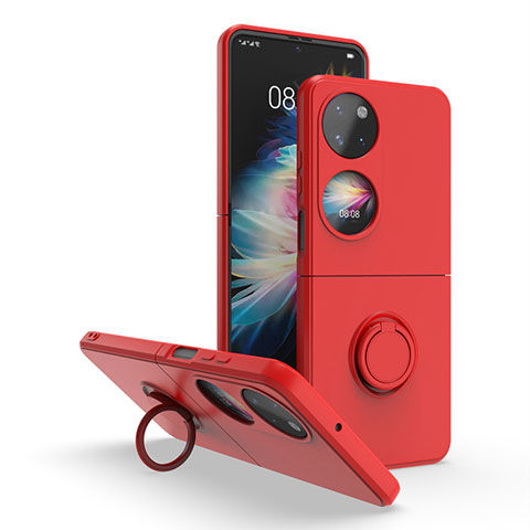 Silikon Hülle Handyhülle und Kunststoff Schutzhülle Hartschalen Tasche mit Magnetisch Fingerring Ständer QW1 für Huawei P50 Pocket Rot