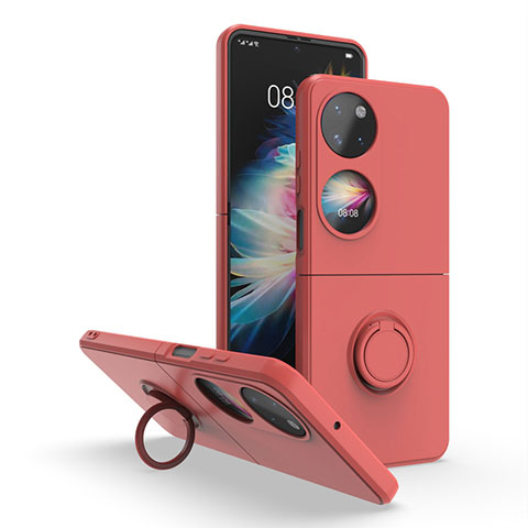 Silikon Hülle Handyhülle und Kunststoff Schutzhülle Hartschalen Tasche mit Magnetisch Fingerring Ständer QW1 für Huawei P60 Pocket Fuchsie