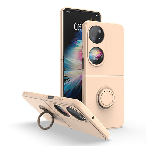 Silikon Hülle Handyhülle und Kunststoff Schutzhülle Hartschalen Tasche mit Magnetisch Fingerring Ständer QW1 für Huawei P60 Pocket Gold